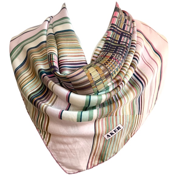 Vintage Aker 🇹🇷 100% Silk Scarf – 34" Square – Pastel Stripes & Geometric - Picture 1 of 9